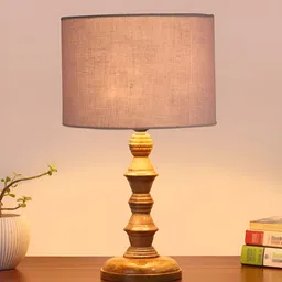 Devansh Grey Drum Shaped Wooden Table Lamp image 3