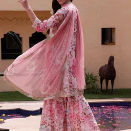 BANDIA Women Floral Printed Regular Mirror Work Kurta with Sharara & Dupatta image 5