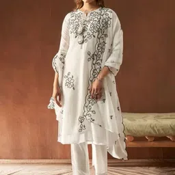 Snofi Creation Women Floral Embroidered Layered Thread Work Chanderi Cotton Kurta with Trousers-picture-50