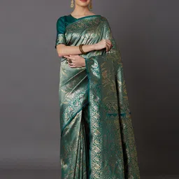 Mitera Teal Green & Gold-Toned Silk Blend Woven Design Kanjeevaram Saree image 1