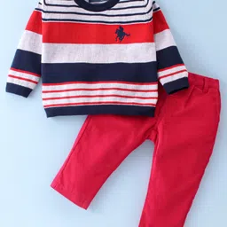 ToffyHouse 100% Cotton Full Sleeves Winter T-Shirt & Corduroy Pant Set Stripes Design - Red & Blue-image-30
