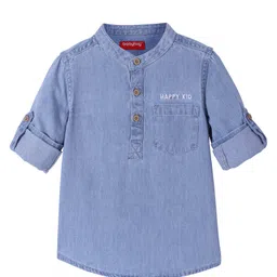 Babyhug Cotton Woven Full Sleeves Mandarin Collared Denim Shirt with Text Embroidery - Blue-image-24