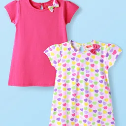 Babyhug Single Jersey Knit Half Sleeves Dresses With Heart Print & Bow Applique Pack of 2 - Dark Pink & White-picture-13