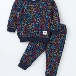 Simply Single Jersey Knit Full Sleeves T-Shirt & Lounge Pants Co-Ord Set With Alphabets Print - Navy Blue-picture-8