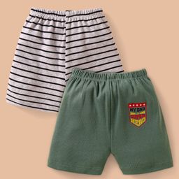 Ben Benny 100% Cotton Knit Above Knee Length Shorts with Text Print & StripesPack of 2 - Olive Green & White-picture-43