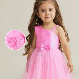 Babyhug Woven Sleeveless Fit & Flare Mesh Party Dress with Bow Applique & Sequin Embroidery - Pink-picture-12