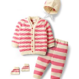 Babyhug Knit Full Sleeves Front Open Co-Ord Sweater Set with Stripe Design Cap with Knot & Booties - Pink & White-picture-20
