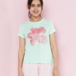 Lil Tomatoes Cotton Knit Half Sleeves Floral Printed Glitter Detailed Top & Shorts Set - Light Green-picture-39