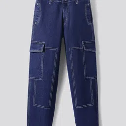 Primo Gino Woven Full Length Washed Wide Leg Jeans With Cargo Pockets - Navy Blue-image-63