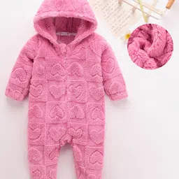 Mark & Mia Full Sleeves Hooded Fur Winter Wear Romper With Heart Design - Fuchsia-picture-21
