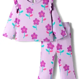 Bonfino 100% Cotton Knit Full Sleeves Oversized T-Shirt & Widelegged Leggings Co-Ord Set with Floral Print - Lilac-picture-24