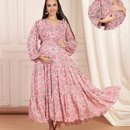 Shades Of Sabi Chiffon Woven Full Sleeves Floral Printed Maternity Dress With Side Zipper Nursing Access - Pink-picture-14