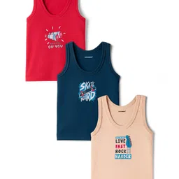 CUCUMBER Sinker Knit Sleeveless Vest With Skate Board Text Print Pack of 3 - Peach Red & Navy Blue-image-66