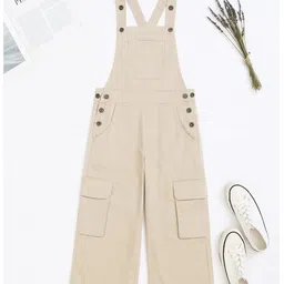 tweeny mini 100% Pure Cotton Woven Sleeveless Solid Dungaree - Beige-picture-23