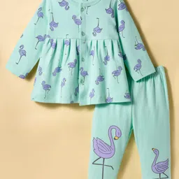 Tango Single Jersey Knit Full Sleeves Front Open Frock with Leggings & Flamingo Print - Aqua Blue-picture-20
