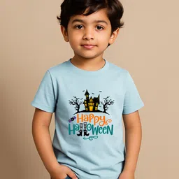 BLUSHES 100% Cotton Knit Halloween Theme Half Sleeves Happy Halloween Text Printed Tee - Aqua Blue-image-89