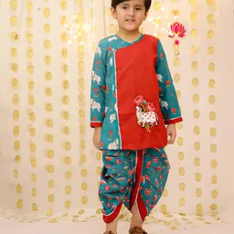 BownBee Pure Cotton Woven Full Sleeves Cow Embroidered Dhoti Kurta Set - Red-picture-27