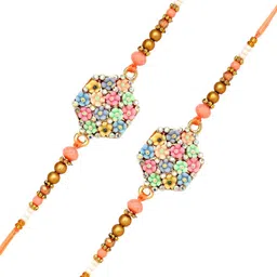 ADIVA Set Of 2 CZ Studded & Beaded Floral Thread Rakhis With Roli Chawal image 2