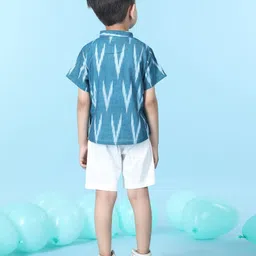 Cutiekins Cotton Woven Half Sleeves Abstract Printed Kurta Styled Shirt & Shorts Set - Teal Blue & White image 3