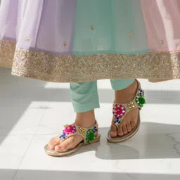 LIL PITAARA Beads & Mirror Work Embellished Zari Sandals - Gold image 3