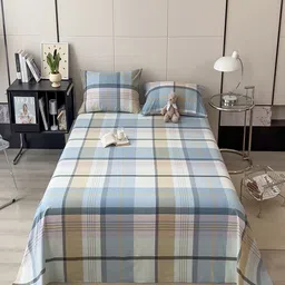JC HOME White & Blue Checked Pure Cotton 220 TC Queen Bedsheet Set-2.30 m x 1.80 m-image-58