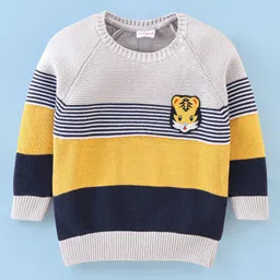 Babyhug Knit Full Sleeves Sweater Stripes Design With Tiger Patch- White Yellow & Blue image 3