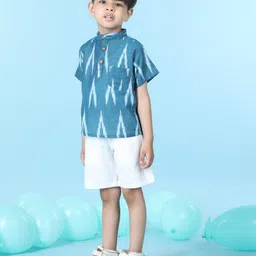 Cutiekins Cotton Woven Half Sleeves Abstract Printed Kurta Styled Shirt & Shorts Set - Teal Blue & White image 4