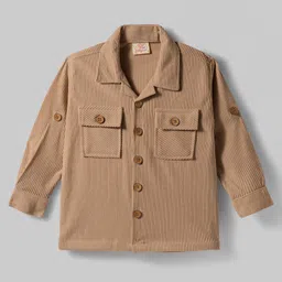 Rikidoos Full Sleeves Ribbed Shirt With Typography Printed Tee Set - Fawn & White image 4