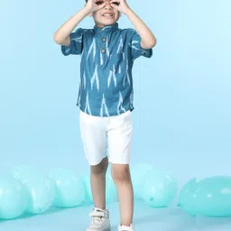 Cutiekins Cotton Woven Half Sleeves Abstract Printed Kurta Styled Shirt & Shorts Set - Teal Blue & White image 5