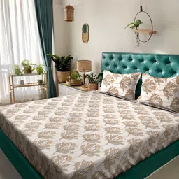 KLOTTHE Beige & Green Printed 300 TC Double Bedsheet With 2 Pillow Covers - 2.7 m x 2.7 m-image-23