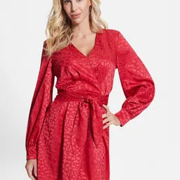 GUESS V-Neck Cuffed Sleeves Belted Wrap Dress-picture-31