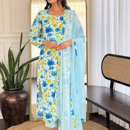 RUNAYA NX Floral Printed Notch Neck Chanderi Silk Kurta With Trousers & Dupatta image 4