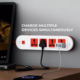 Elleys 3 Pin Extension Board ZYNEX 4 Socket 10 A Current 2 m Cable Length Red & White image 2