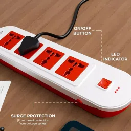 Elleys 3 Pin Extension Board ZYNEX 4 Socket 10 A Current 2 m Cable Length Red & White image 3