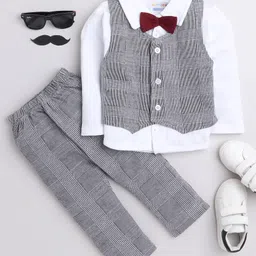 BUMZEE Full Sleeves Solid Bow Applique Detailed Checked 3 Piece Party Suit Set - White & Grey-picture-29