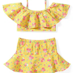 Babyhug Cold Shoulder Sleeves  Two Piece Swim Suit with Floral Print - Yellow-image-5