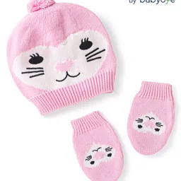 Babyoye Cotton Knit Woollen Cap & Mittens With Kitty Print Pink - Diameter 14 cm-image-6