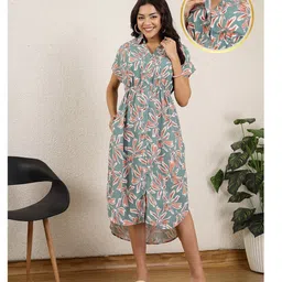 Zelena 100% Rayon Half Sleeves Floral Printed Maternity Zipless Feeding Dress With Nursing Access & Pockets - Pastel Green-picture-28