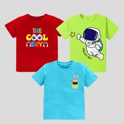 KAVEE Pure Cotton Pack Of 3 Half Sleeves The Cool Boy Text & Astronaut Printed Tees - Red Green & Blue-picture-21