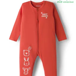 Babyoye 100% Cotton Interlock Knit Full Sleeves Front Open Rompers with Forest Friends Print - Red-picture-11