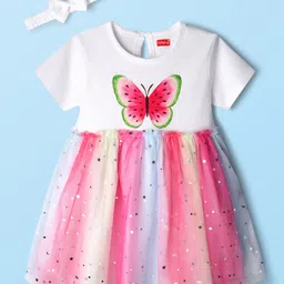 Babyhug Cotton Knit Half Sleeves Frock With Hairband & Butterfly Print - Pink & White-picture-18