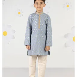 Vastramay Silk Woven Full Sleeves Floral Foil Motifs Printed Kurta Pyjama Set - Aqua Blue-picture-29