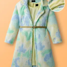 Hola Bonita Knit Shimmer Party Dress & Full Sleeves Fur Jacket With Belt - Yellow-picture-28