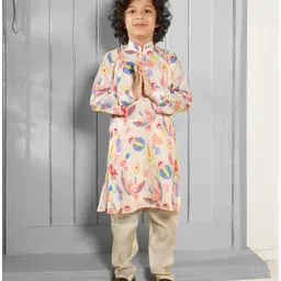 Ministitch Cotton Woven Full Sleeves Floral & Birds Printed Kurta Pyjama Set - Cream-picture-29