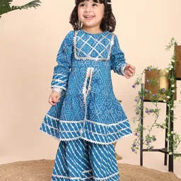 Titrit Cotton Woven Full Sleeves Bandhani & Leheriya Printed Gota Lace Embellished Centre Slit Kurti Sharara Set - Blue-image-37