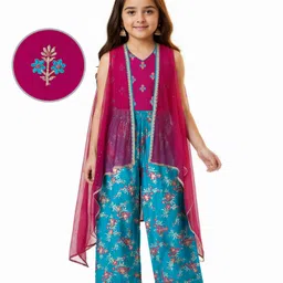 EARTHY TOUCH Viscose Woven Sleeveless Indo Western Set With Floral Embroidery & Jacket - Pink & Blue-picture-17