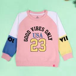 Kiddopanti Fleece Knit Raglan Sleeves Colour Blocked & Good Vibes Only Text Printed Light Winter Sweatshirt - Peach Pink Dust Blue & Pop Yellow-image-87