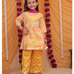 AJ Dezines Cotton Woven Three Fourth Sleeves Floral Printed & Gota Lace Embellished Kurti Palazzo With Dupatta Set - Yellow-picture-30