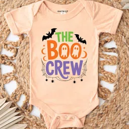 KNITROOT Halloween Theme Cotton Lycra Knit Half Sleeves The Boo Crew Text Printed Onesie - Peach-picture-36