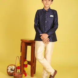 ISHTI Jacquard Woven Full Sleeves Abstract Embroidered Sherwani Pyjama Set - Navy Blue-picture-14